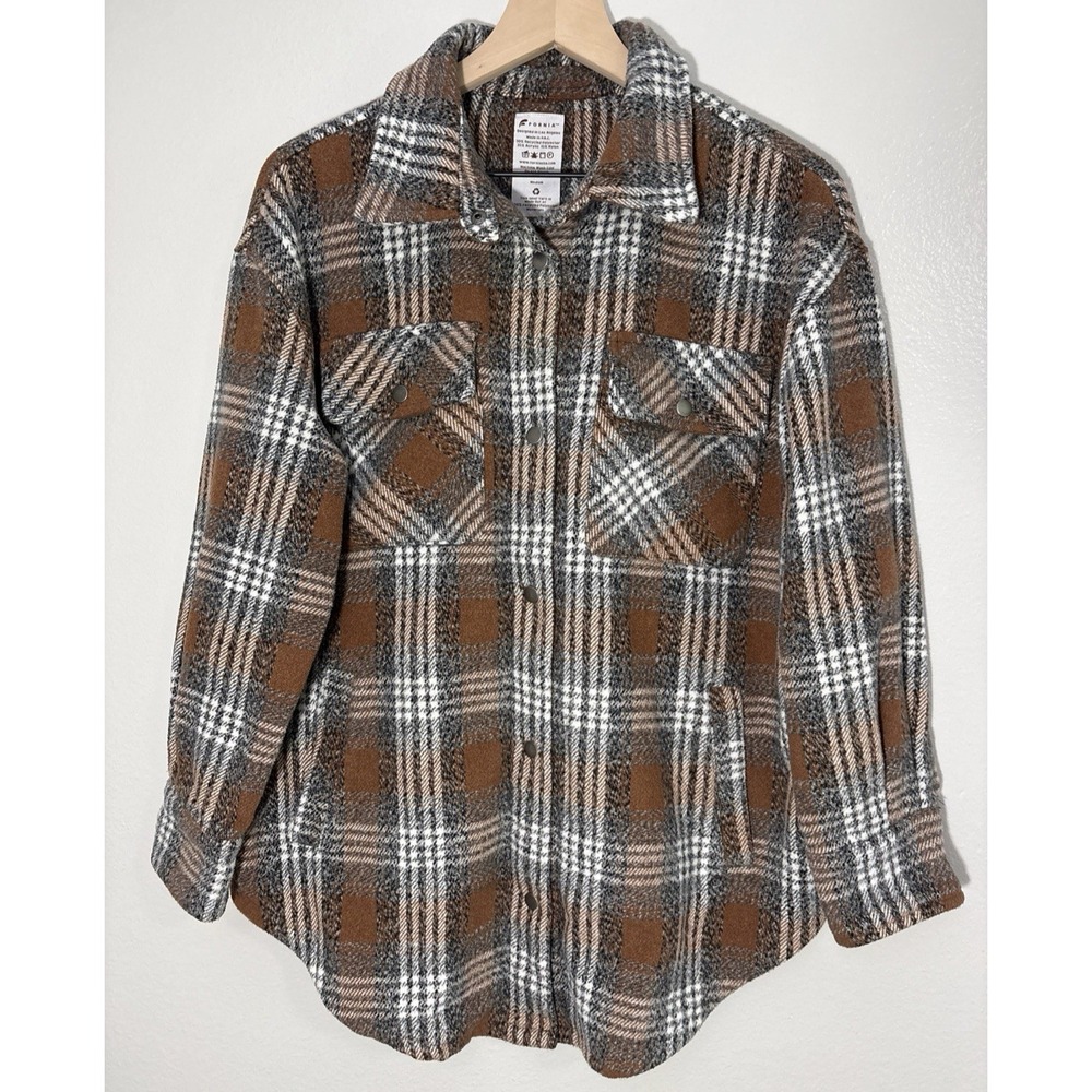 FORNIA Women's Brown Plaid Shacket Coat Snap Placket Pockets Outdoor Cozy Medium